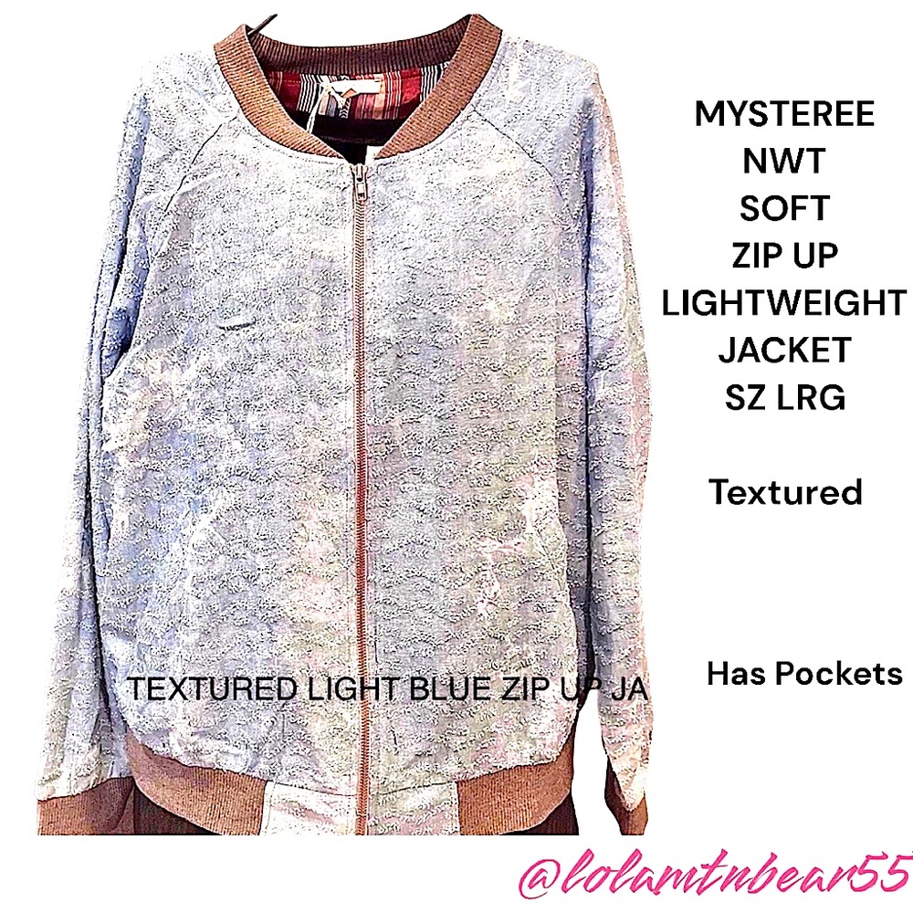 MYSTEREE Bohemian Style textured blue zip up jacket SZ LRG grey cuff/collar NWT
